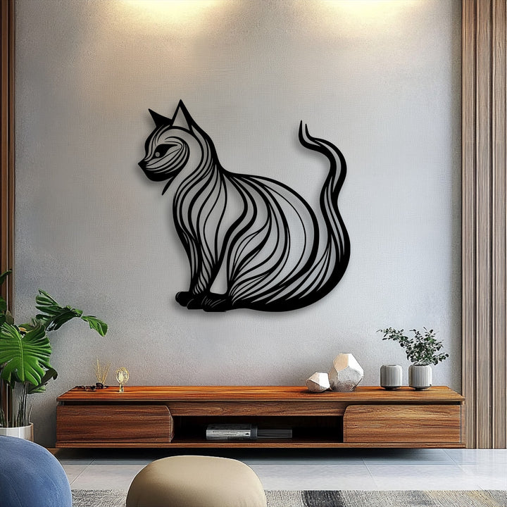 The darkest area highlights a sleek, stylized elegant cat silhouette in exquisite metal artwork, ideal for modern minimalist home decor.