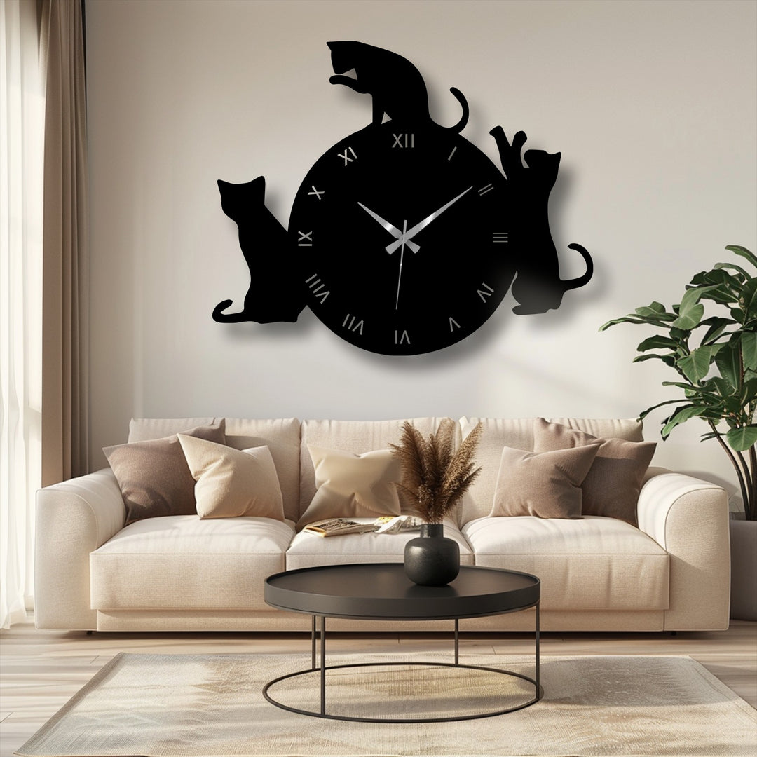 Defined by its playful edges, the playful cat silhouette decorative metal art clock features Roman numerals and sleek borders, bringing a modern touch to any space.