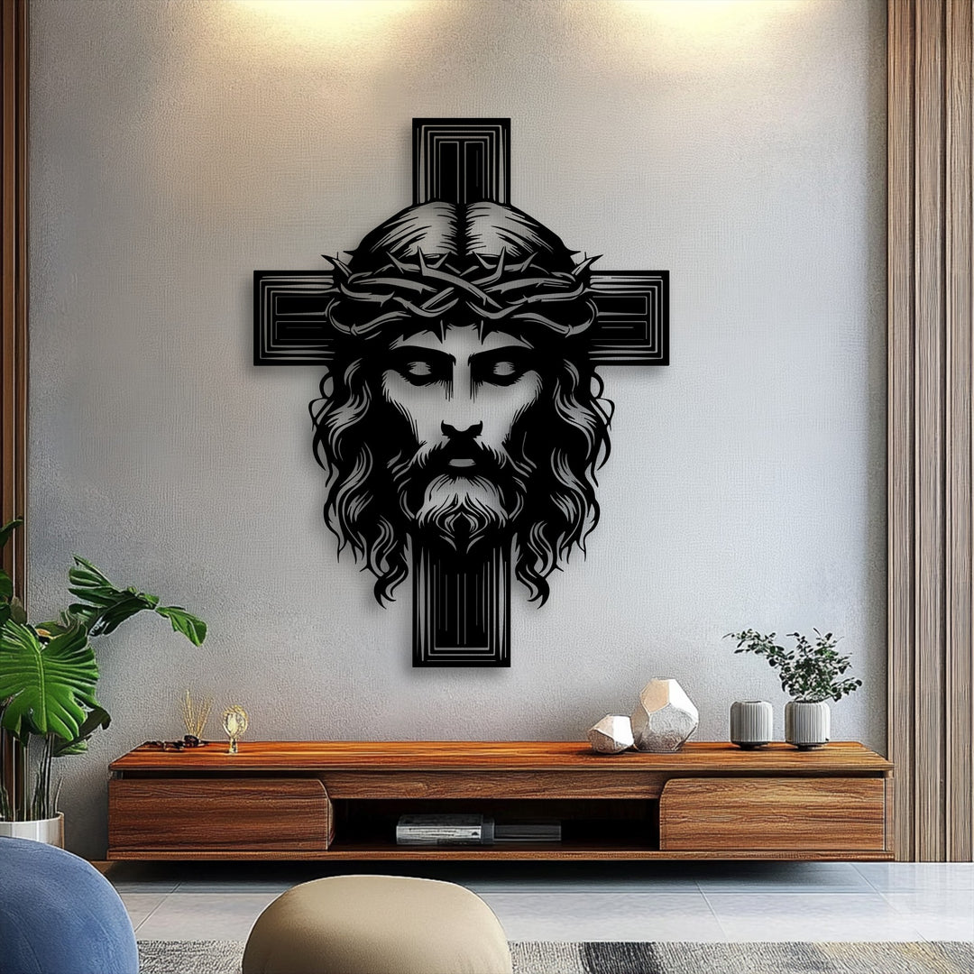 The most striking element, a unique metal wall art of Christ's face with a crown of thorns on a cross, is prominently displayed.