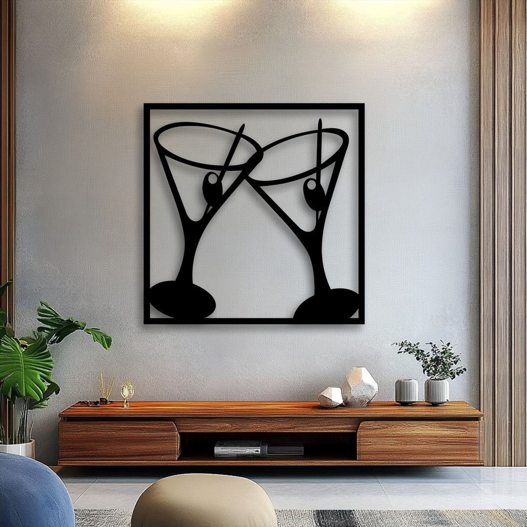 The soft cream, subtly textured wall provides a gentle backdrop for the striking Cheers Cocktail Glasses modern bar unique metal wall art.