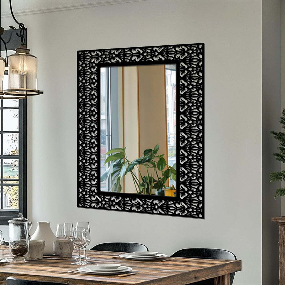Geometric ornamental damask pattern frame adds a modern touch to this black metal design bathroom mirror.