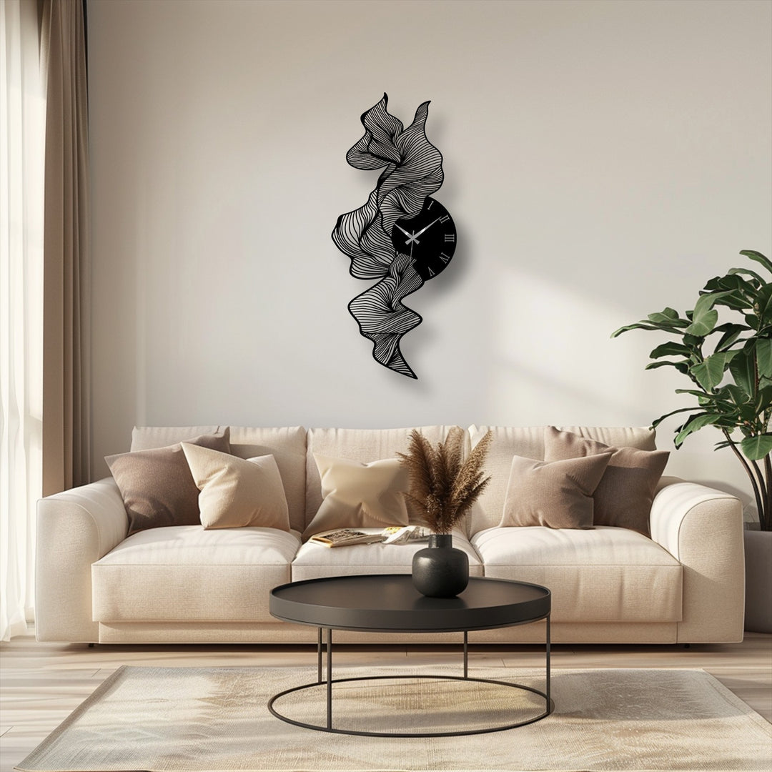 The striking black flowing abstract wave metal wall clock with intricate lines serves as a bold decoration wall art piece.