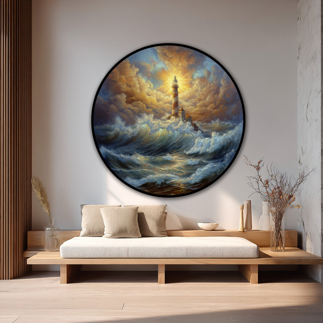 Framed with a sleek black edge, the round canvas accentuates the dramatic, swirling composition of this radiant lighthouse oil painting decoration.