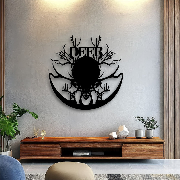 The loudest element, a striking black deer antler silhouette decoration wall art piece, features a bold 'DEER' text.