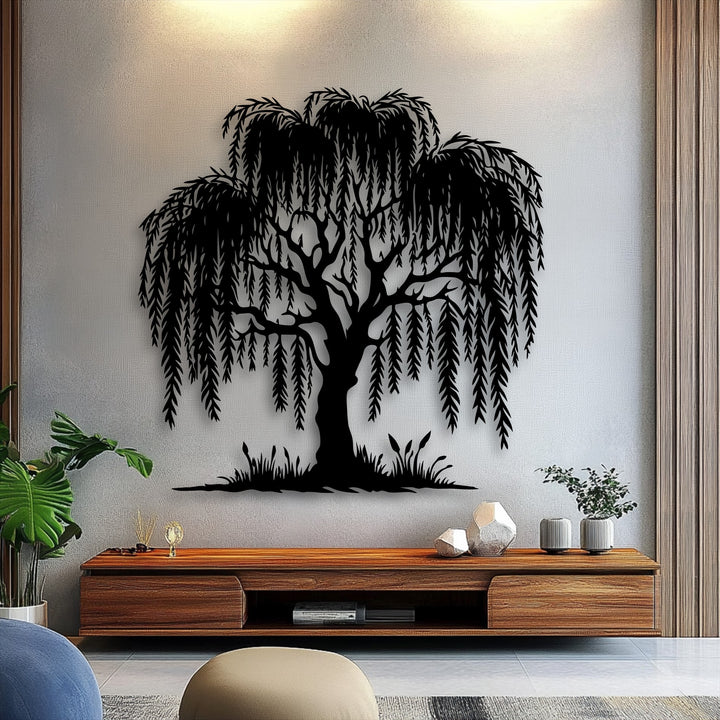 The smooth, matte surface of the graceful willow tree decorative metal art contrasts with the subtly textured white wall behind it.