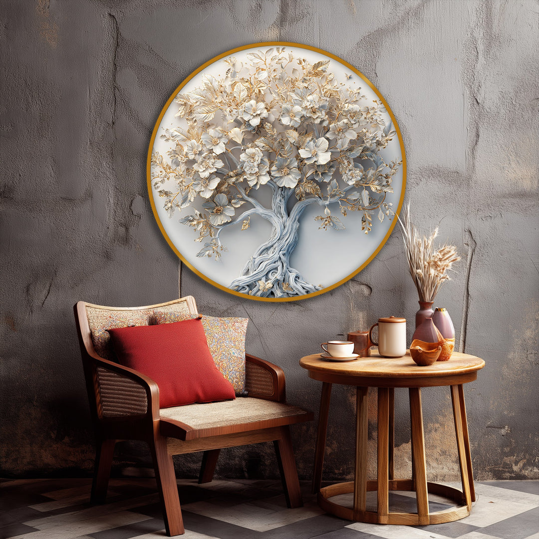 Swirling blossoms and branches create a dynamic sense of movement in this elegant white and gold nature canvas painting, a captivating focal point.