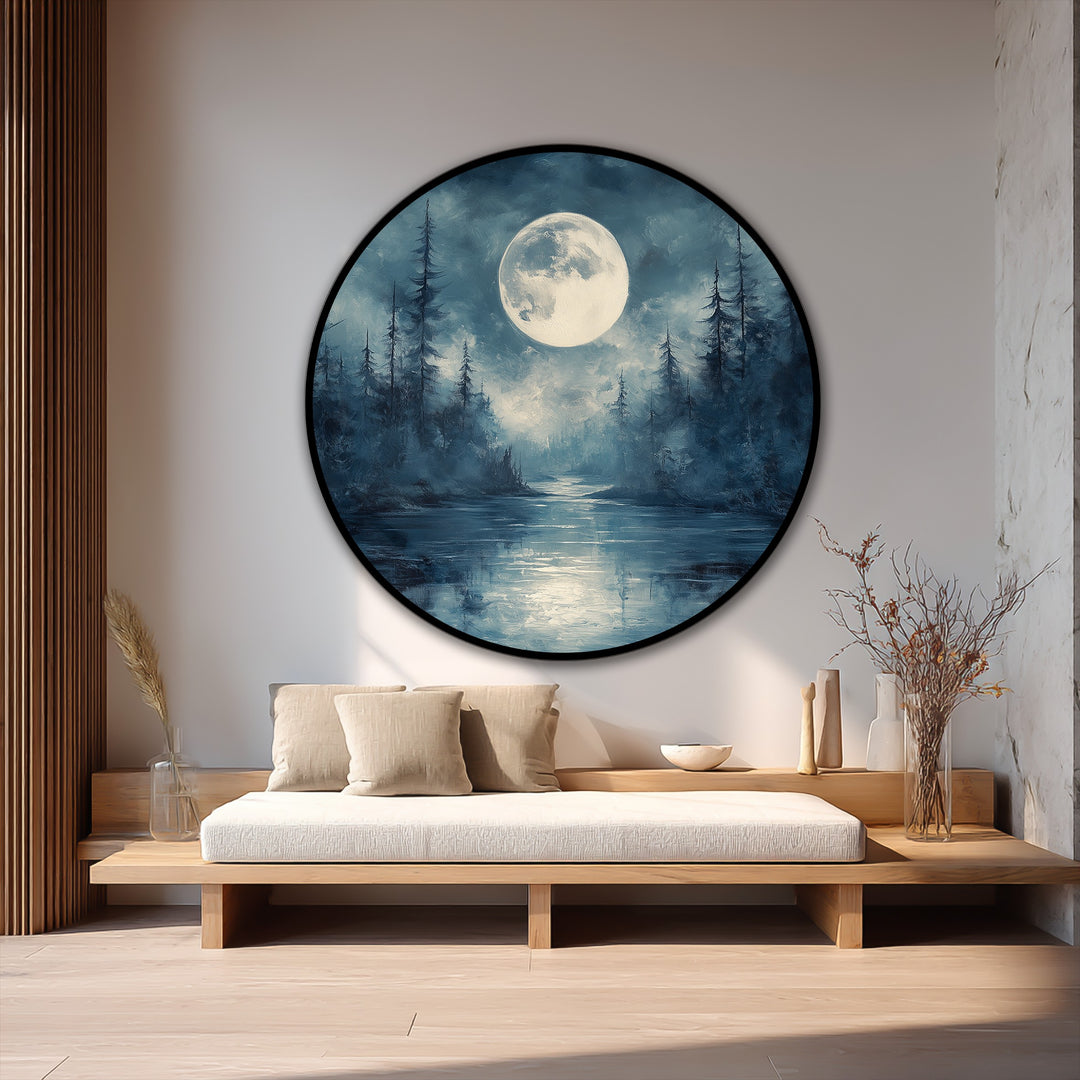 Horizontal round Moonlit Silence oil painting artwork features a mystical forest at night with the moon's reflection on a serene river.