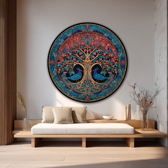 Inspired by organic forms, this ornate round oil painting features a Tree of Life design, offering an elegant oil painting reproduction print with birds and blossoms.