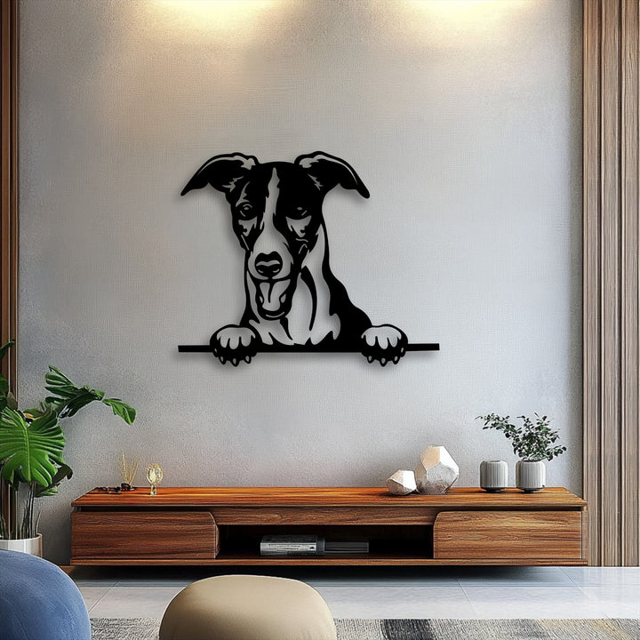 The layered design of the curious peeking dog silhouette creates impressive depth, making it a unique metal wall art piece.