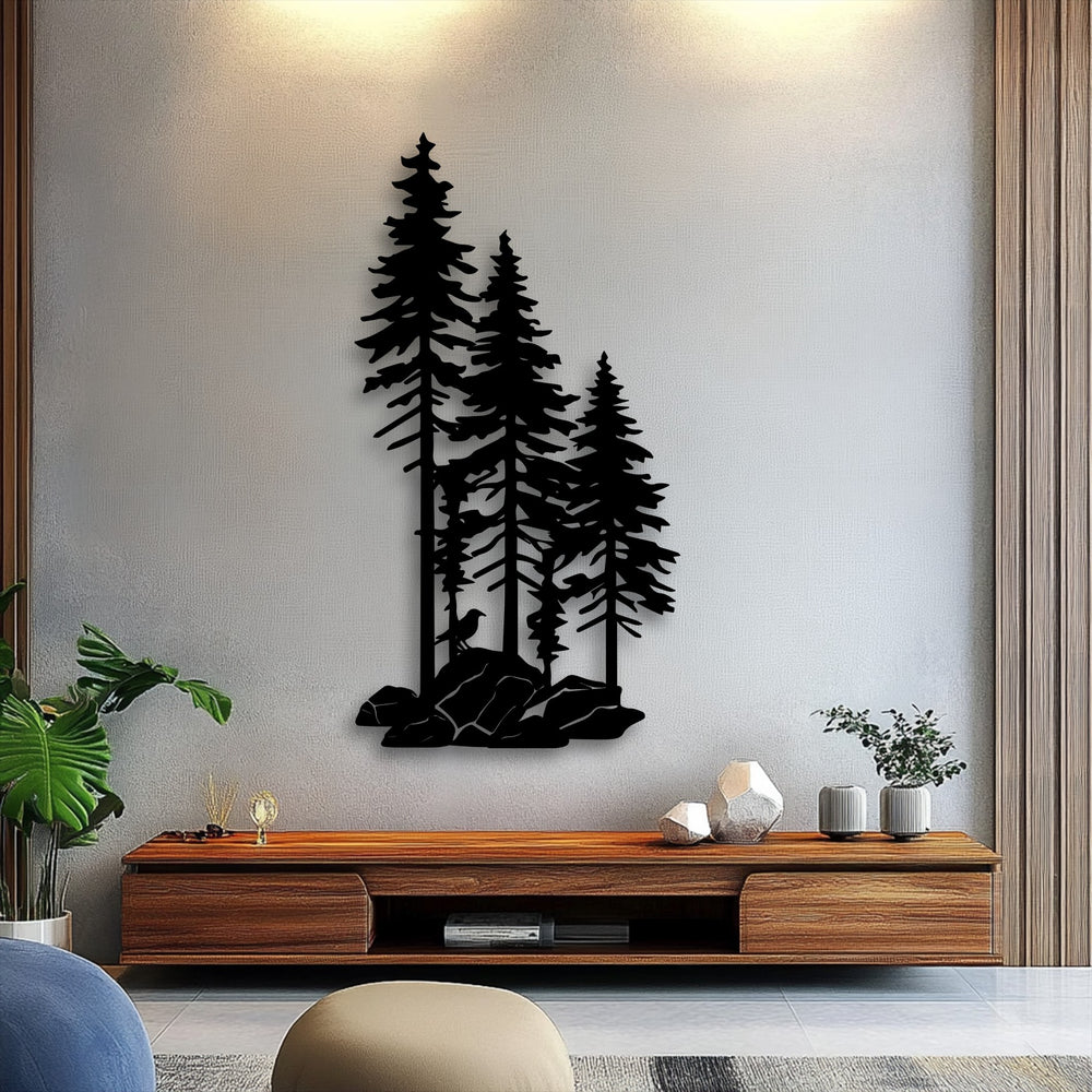 The matte black finish of this unique metal wall art showcases a striking pine forest silhouette with a subtle three-dimensional effect.