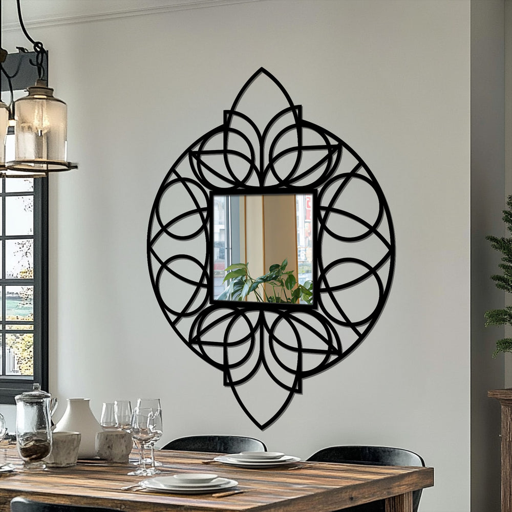 The darkest area highlights the geometric floral design of this mandala black metal floor mirror, a unique metal wall art piece that offers modern decorating with wall mirrors style.