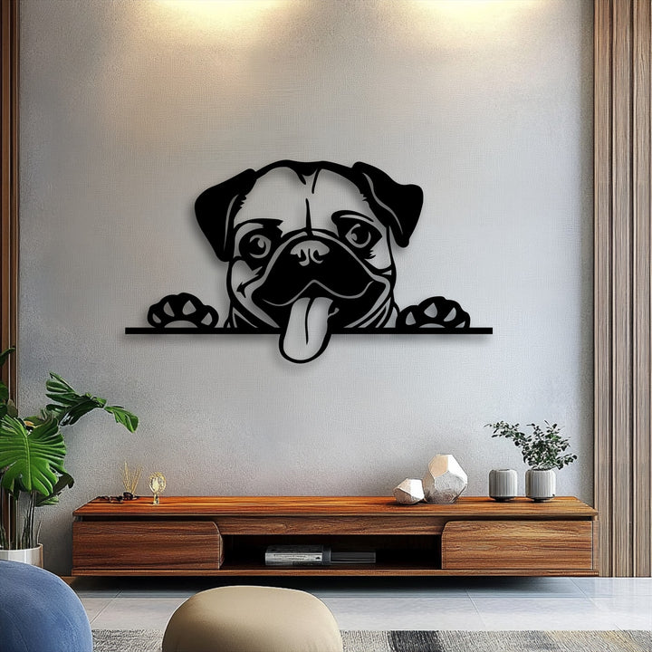 The playful silhouette of a cute pug dog, with its tongue out and paws peeking over an edge, creates a unique metal wall art piece.