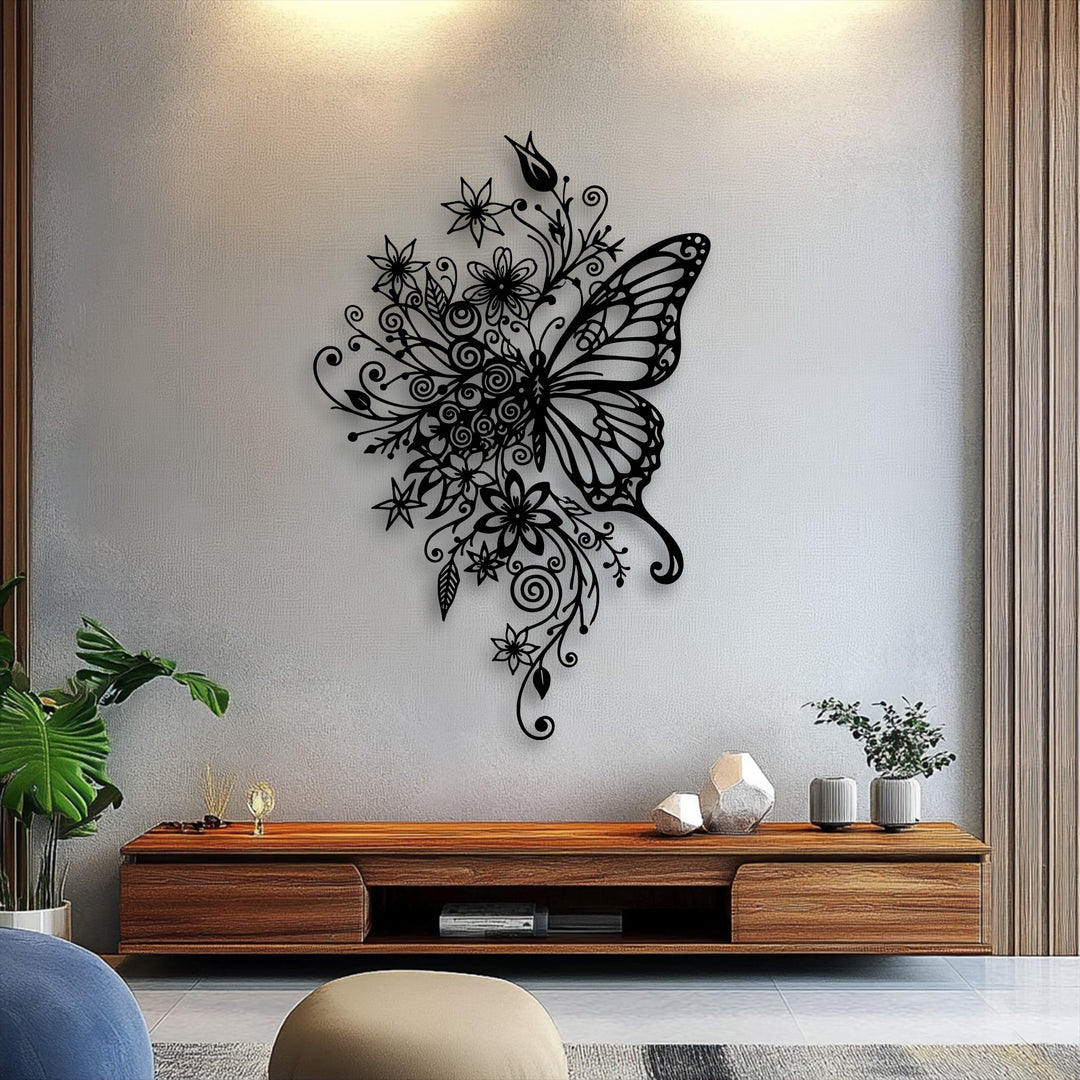 The serene and elegant mood of this intricate floral butterfly metal artwork enriches a calm, nature-inspired interior space.