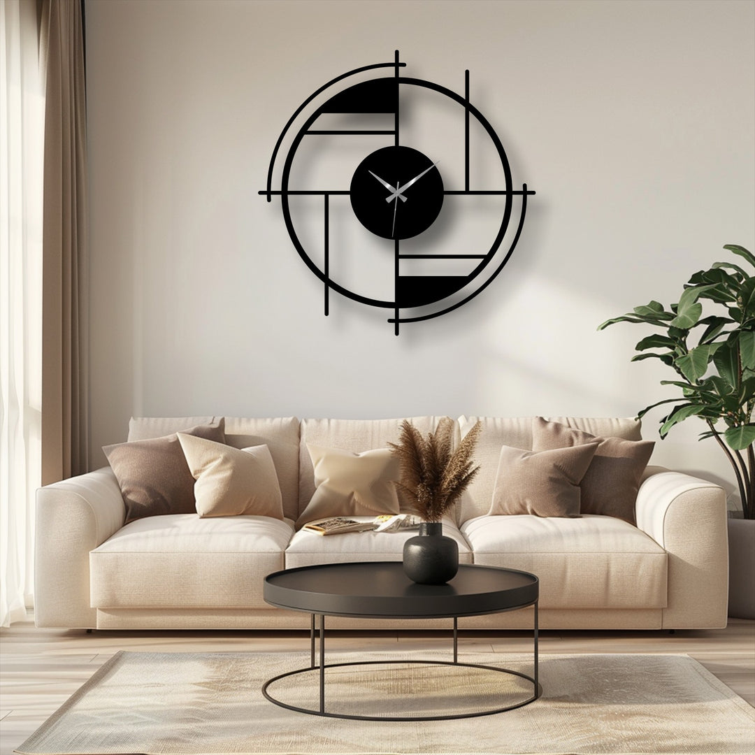 As the focal point, the geometric circle metal artwork, a modern wall clock with an abstract line design, makes a stunning home decor statement.