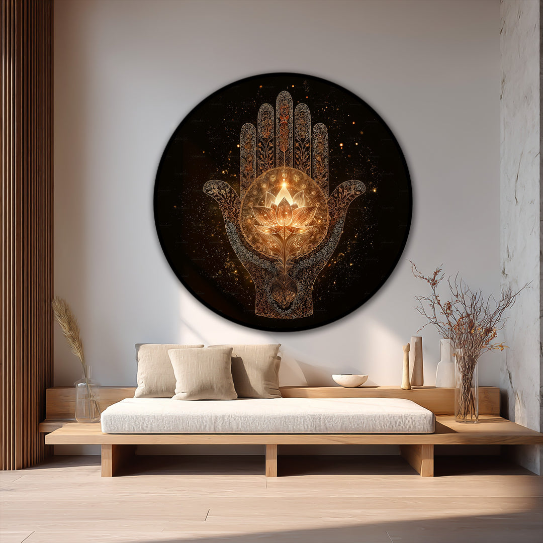 Visual rhythm is created by the radiating design of this sacred hamsa lotus in this round oil painting artwork, making a visually striking spiritual centerpiece.