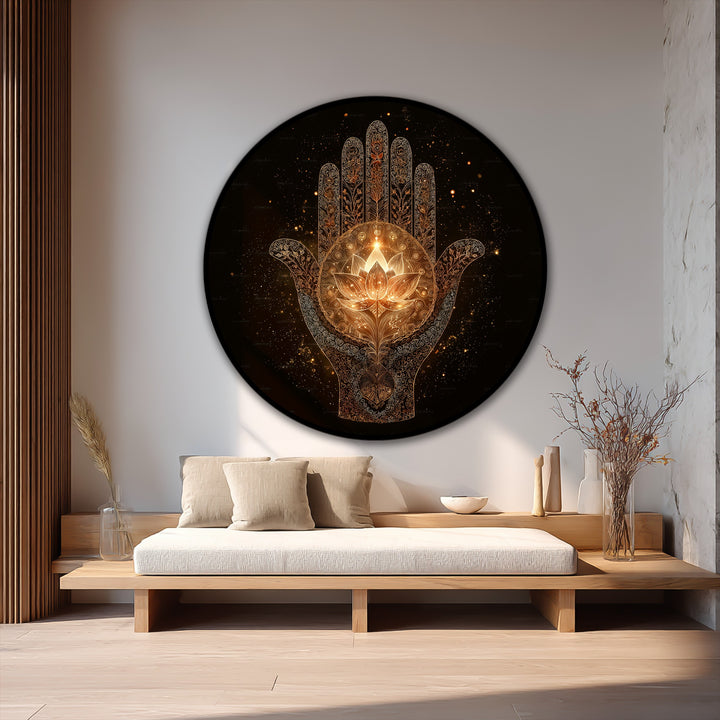 Visual rhythm is created by the radiating design of this sacred hamsa lotus in this round oil painting artwork, making a visually striking spiritual centerpiece.
