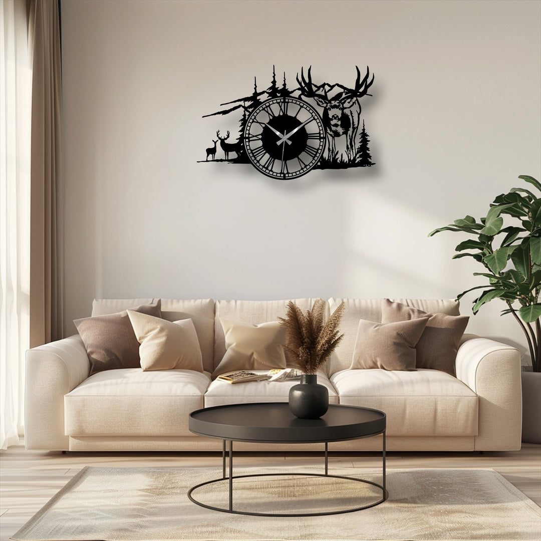 The warm, inviting color temperature showcases a unique metal wall art piece, a majestic deer forest metal wall clock, with soft golden hues.