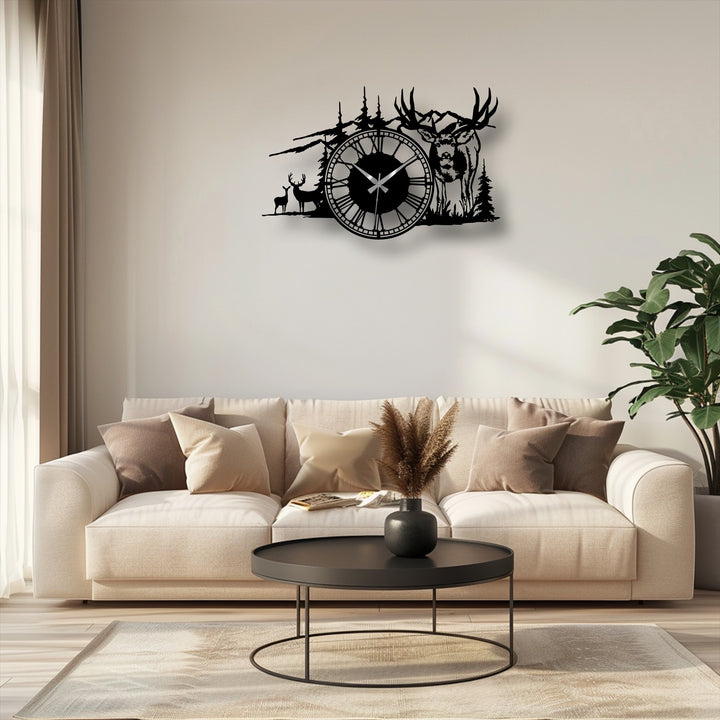 The warm, inviting color temperature showcases a unique metal wall art piece, a majestic deer forest metal wall clock, with soft golden hues.
