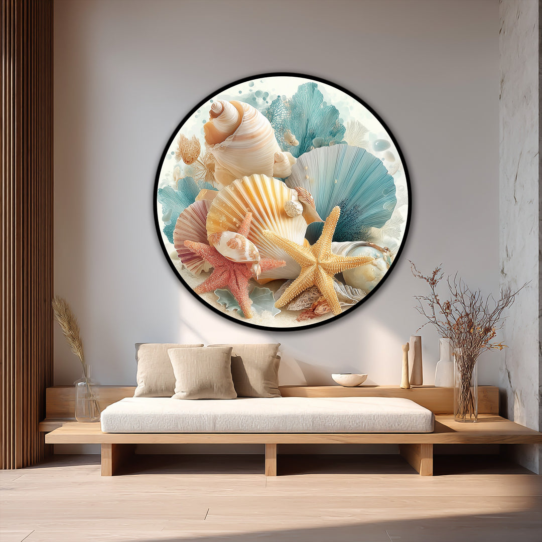 Highlighting the abstract quality, this coastal shells round oil painting wall art presents a dreamy pastel seashell composition, transforming ocean treasures into textural art.