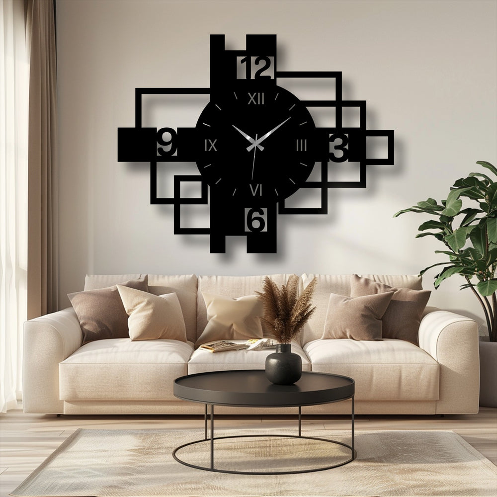Highlighting the layering effect, this decorative metal art wall clock showcases its unique square frame and Roman numerals in a modern, geometric design.