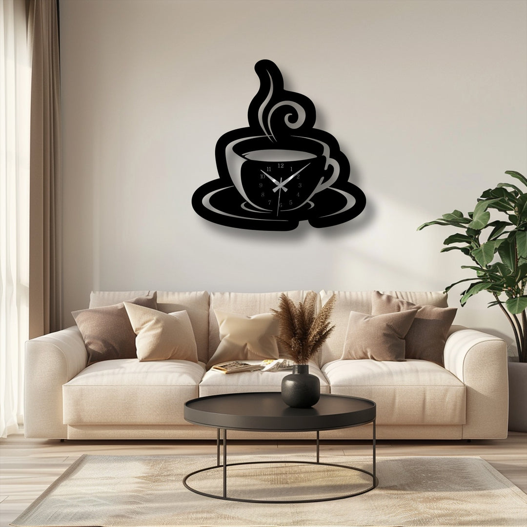 Warm, inviting color temperature dominates this scene featuring a stylish coffee cup metal wall clock as appealing decoration wall art.