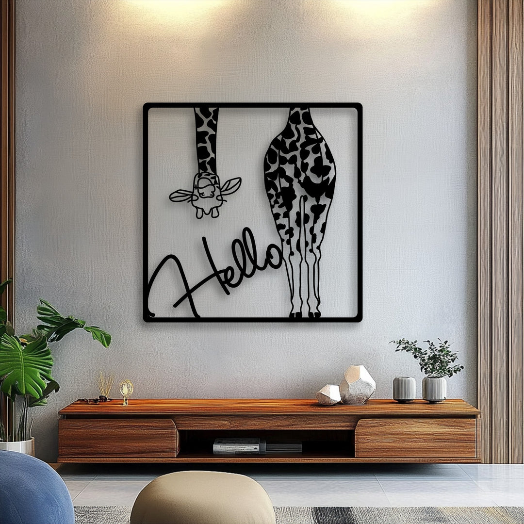 The striking color contrast of a black Hello Giraffe unique metal wall art piece stands out vividly against the bright wall.