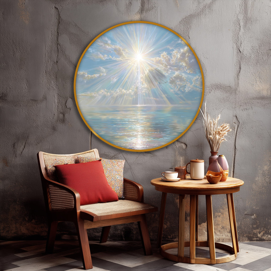 Celestial Sun Rays Over Calm Sea Round Canvas Print – Luminous Ocean Wall Art