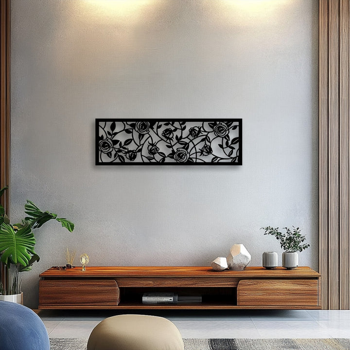 The overall warm color temperature beautifully highlights the intricate Rose Garden metal art for wall, adding a serene feel.