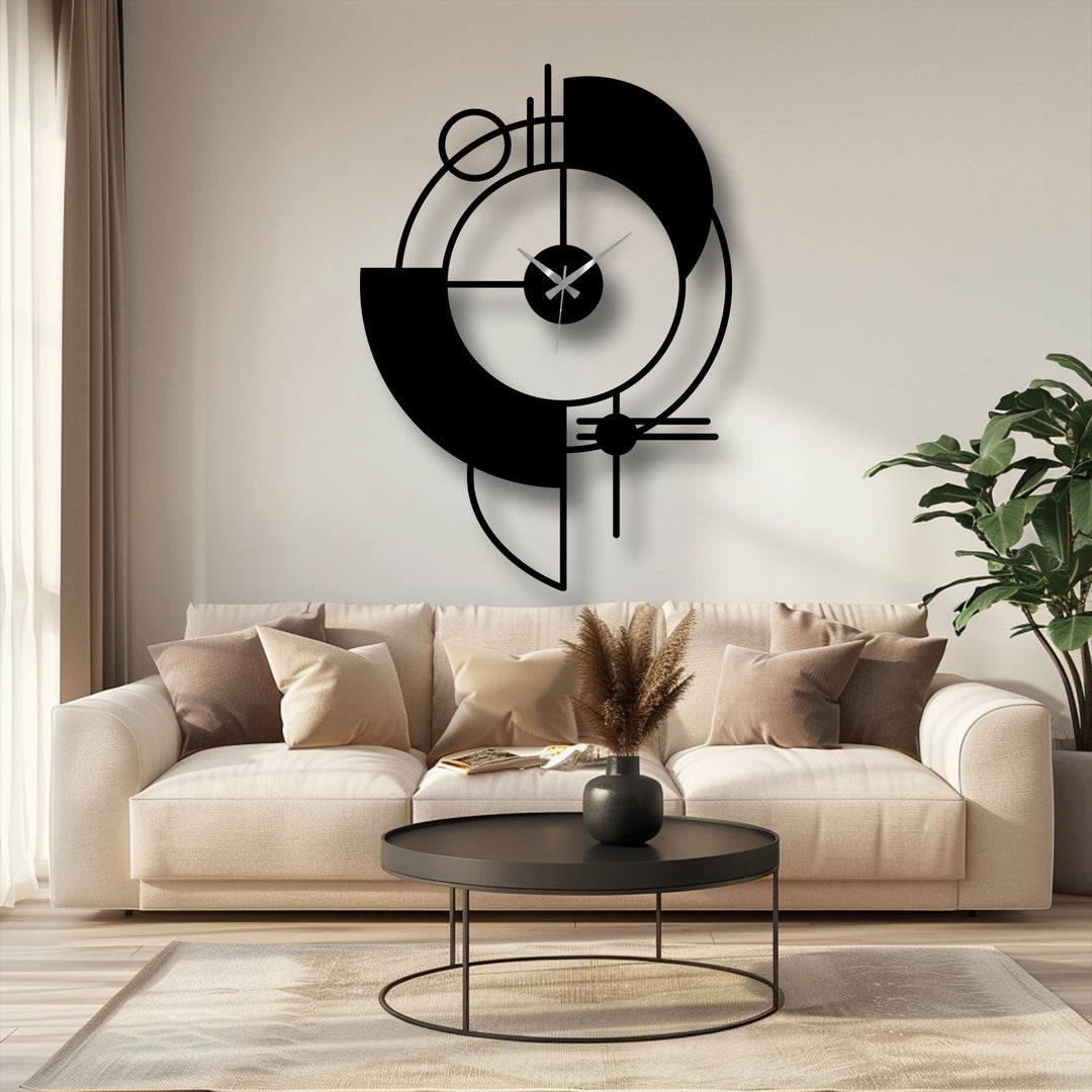 Light and shadow emphasize the design of the abstract geometric metal artwork wall clock, creating depth and highlighting the modern artistic decor.