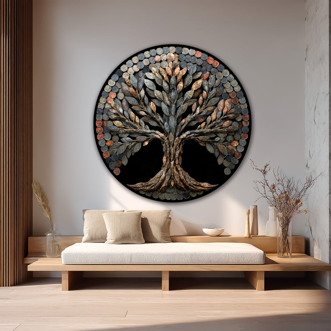 Circular, horizontally oriented oil painting artwork of a rustic coin tree creates a bold, industrial wall art statement.