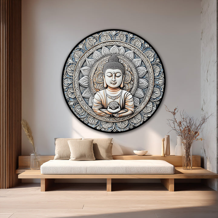 Featuring prominent geometric patterns, this Sacred Harmony oil painting reproduction print highlights a circular mandala design with a central Buddha figure.