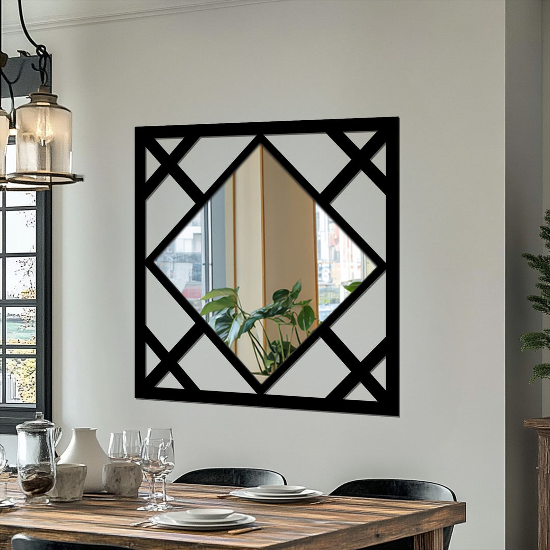 The dark, matte finish of this Diamond Lines geometric wall mirror's frame enhances its decorative metal art style, providing a striking accent.