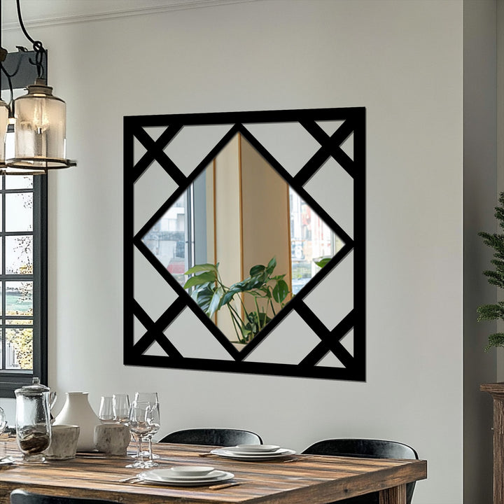 The dark, matte finish of this Diamond Lines geometric wall mirror's frame enhances its decorative metal art style, providing a striking accent.