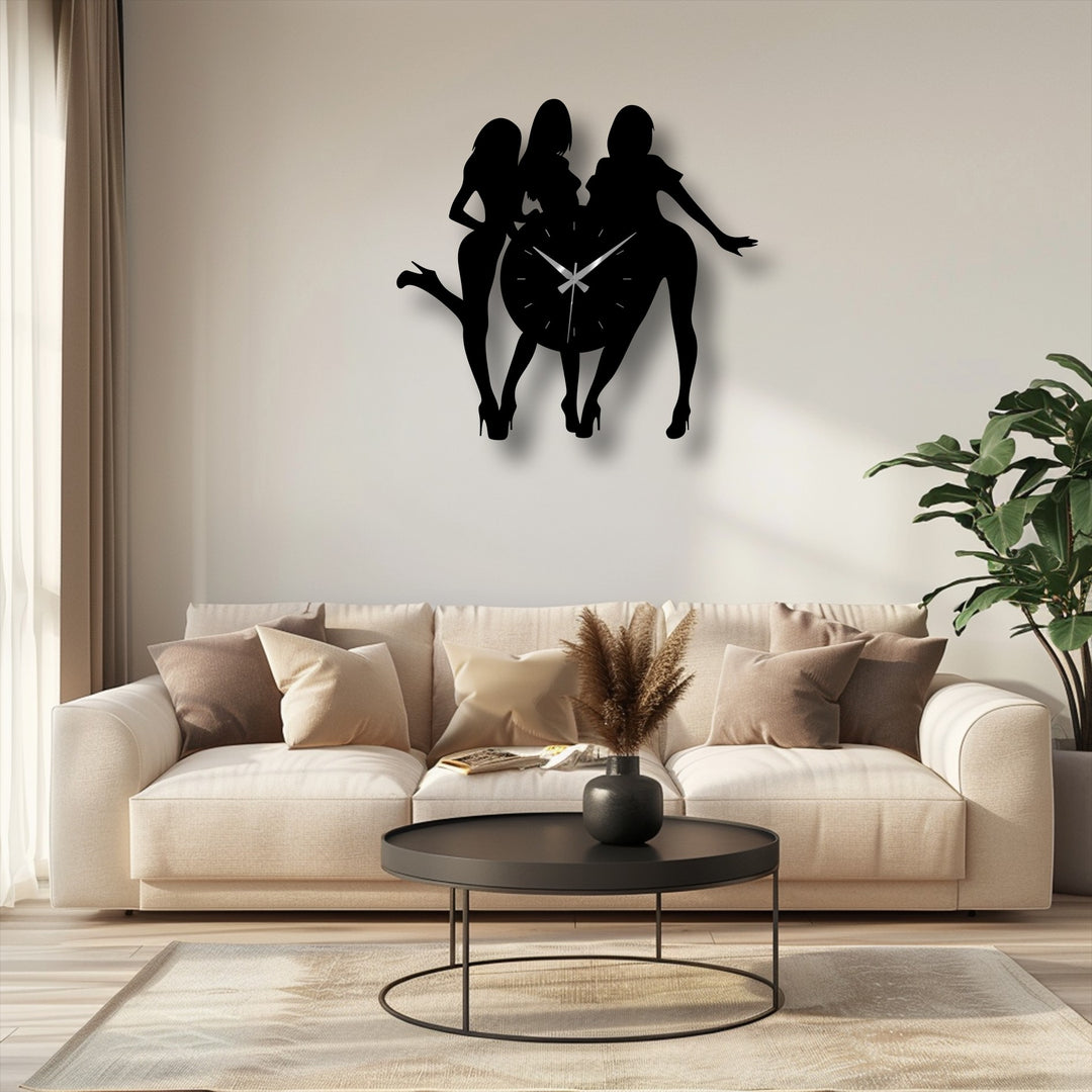 This decoration wall art featuring a stylish female silhouette metal wall clock creates a modern figure design as the room's central subject.