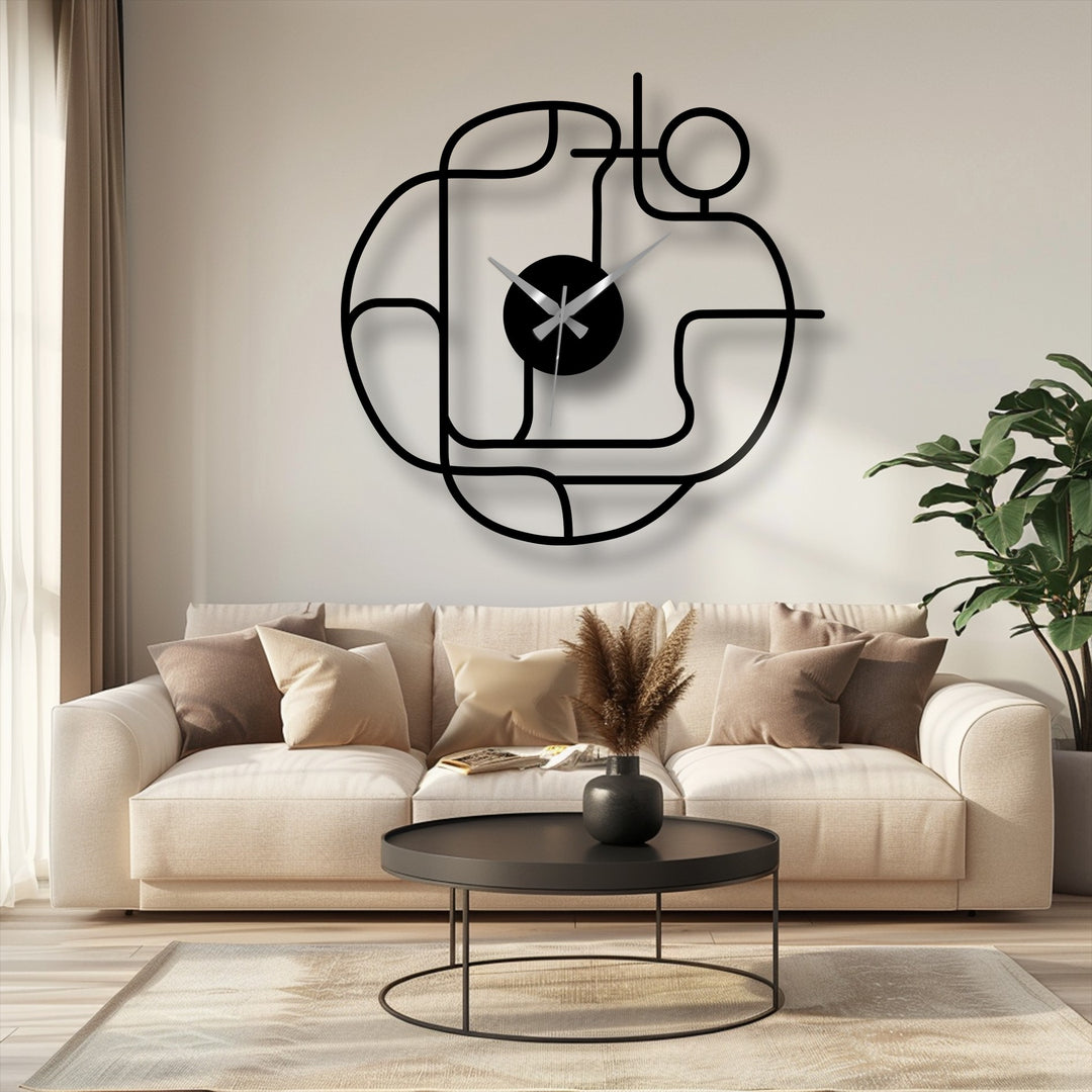 Black dominates this striking abstract continuous line modern metal wall decor clock, creating a bold and minimalist statement piece.