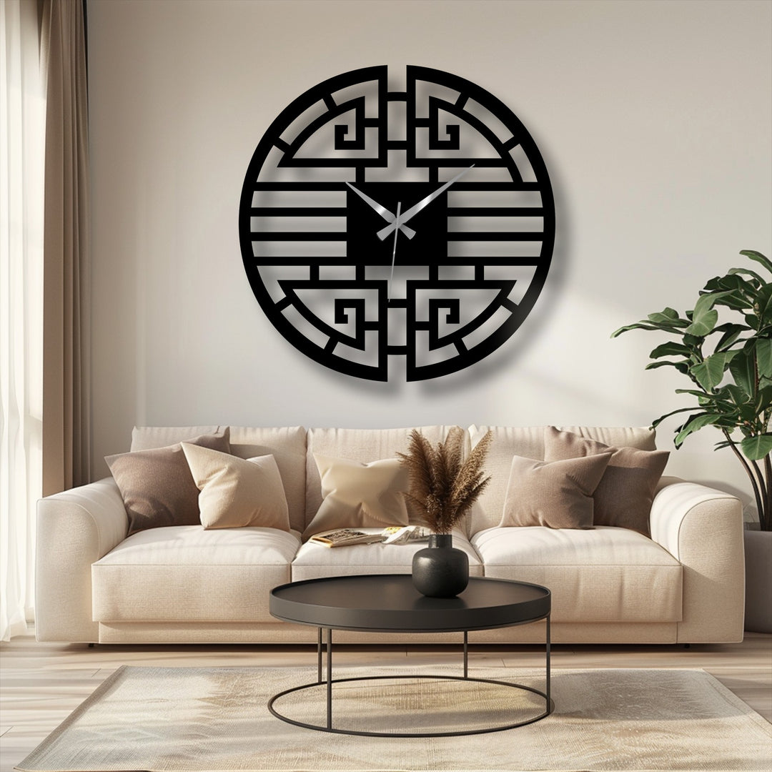 Black finish on the Asian geometric metal wall clock gives a sleek look to this modern metal wall decor, accentuating its oriental design.