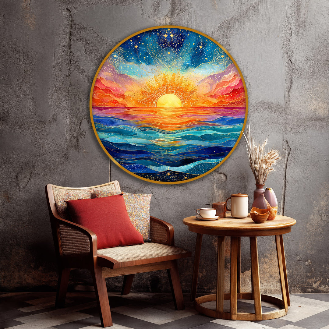 Vibrant, spiritual seascape dominates the room with its circular sunrise over ocean waves, depicted as one of the big canvas prints with celestial art.