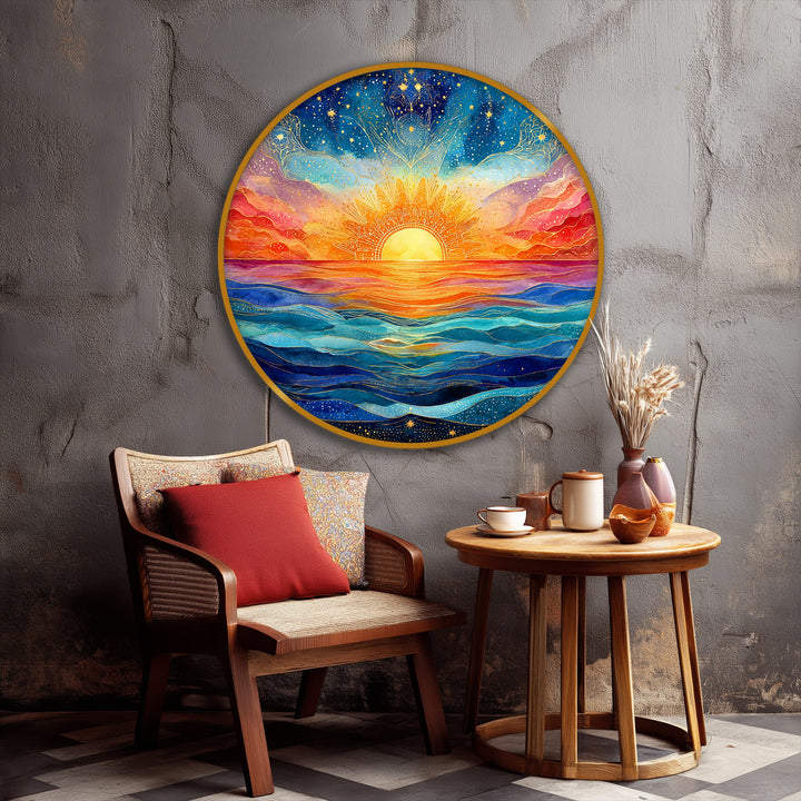 Vibrant, spiritual seascape dominates the room with its circular sunrise over ocean waves, depicted as one of the big canvas prints with celestial art.