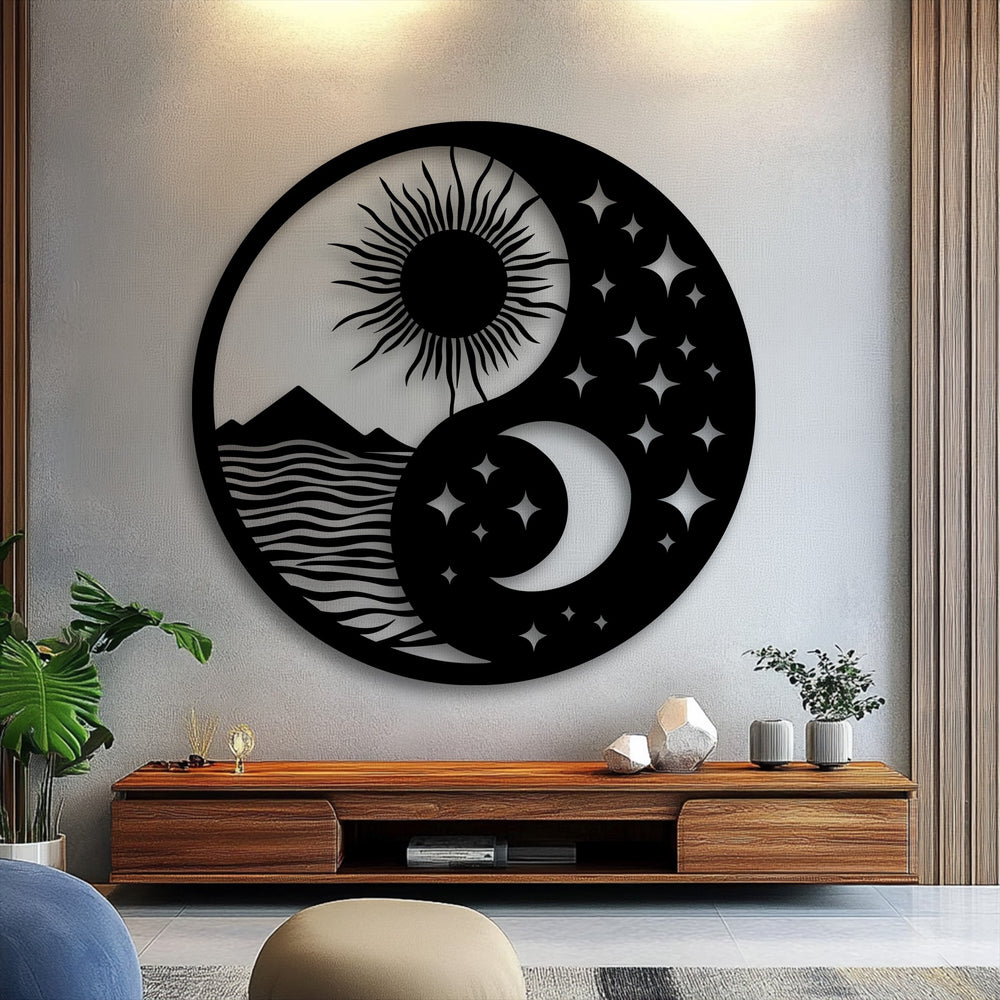 The visual rhythm of this decorative metal art features a striking Yin Yang design, blending sun rays, undulating waves, and a serene moon with stars.