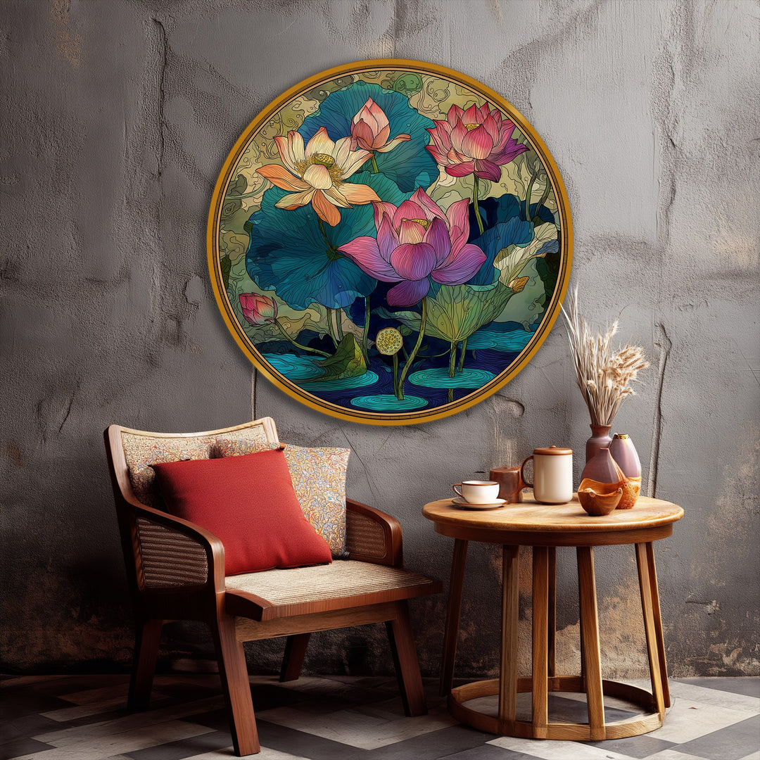 Ornamental Lotus Garden Round Canvas Print – Decorative Floral Wall Art