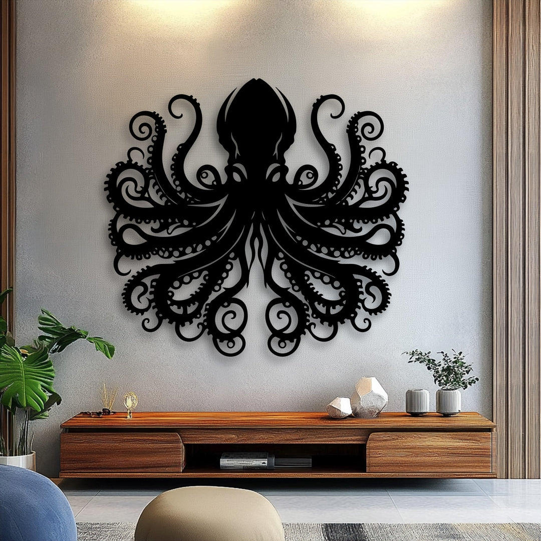 The dynamic octopus tentacle metal artwork swirls gracefully, capturing the flowing motion of an ocean creature.