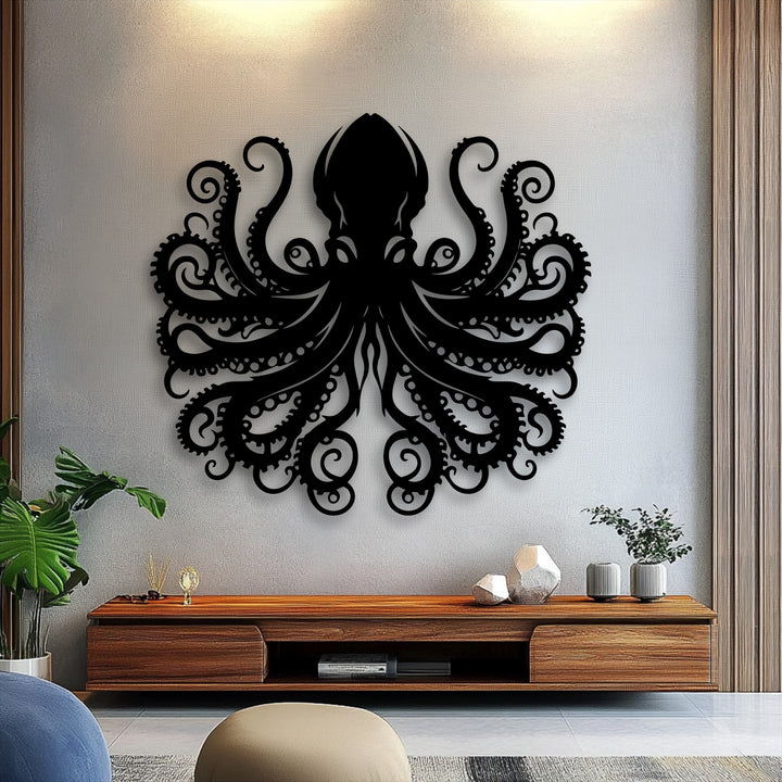 The dynamic octopus tentacle metal artwork swirls gracefully, capturing the flowing motion of an ocean creature.