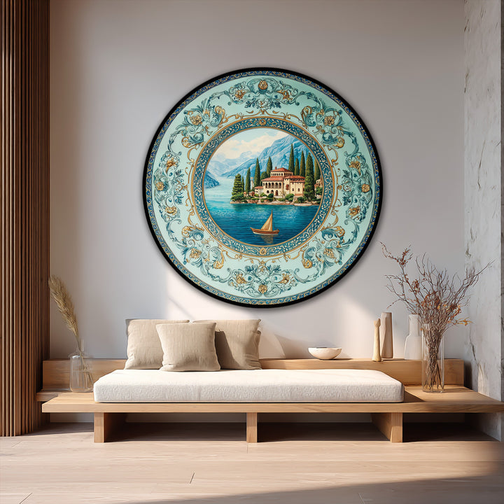 Reflecting a glossy sheen, the Mediterranean villa by the lake shows a luxurious oil painting decoration finish with an ornate landscape presented in a round frame.