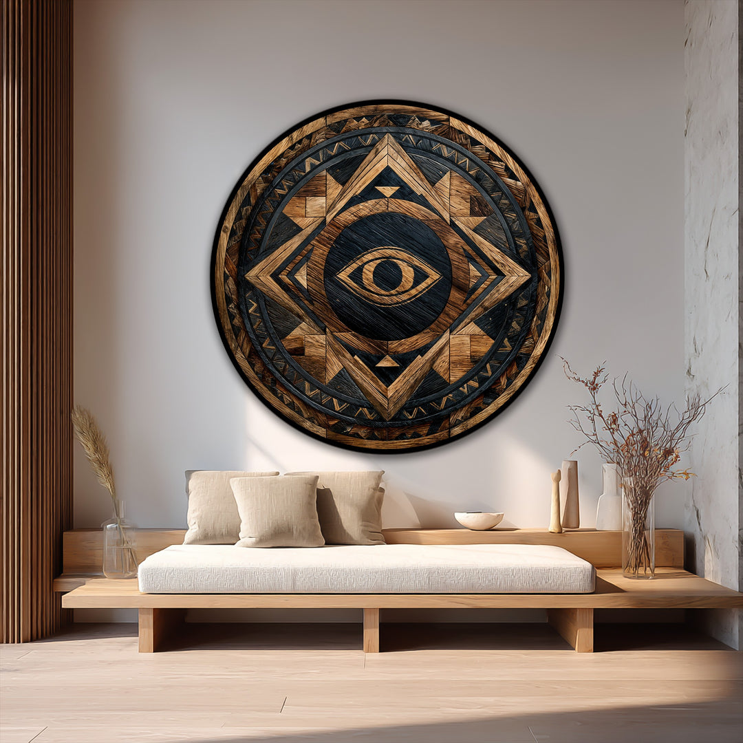 Occhio guardiano tribale – Rotondo geometrico rustico Quadro a Olio