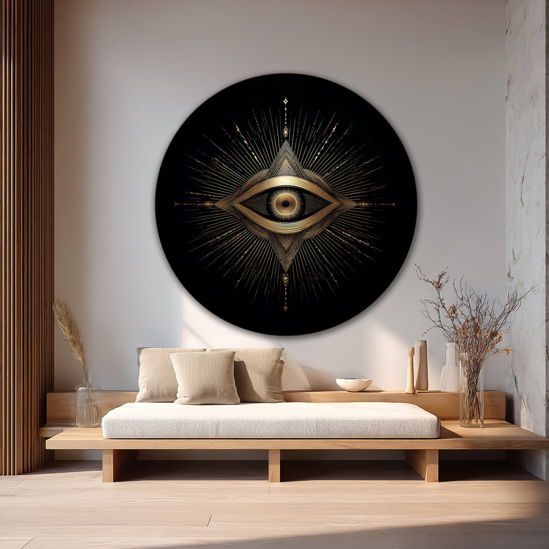 Ojo Sagrado Radiante – Redondo Geométrico Dorado Cuadro al óleo