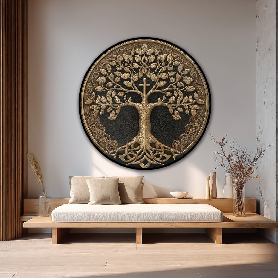 Shadows emphasize the ornate gold tree of life round design, creating depth in this spiritual oil painting home decor that features a subtle cross detail.