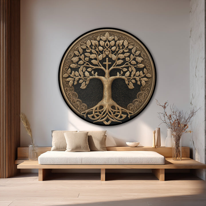 Shadows emphasize the ornate gold tree of life round design, creating depth in this spiritual oil painting home decor that features a subtle cross detail.