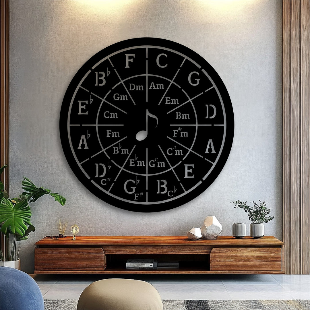 The radiant light from above illuminates the textured wall, accentuating the detailed Circle of Fifths metal wall decor.