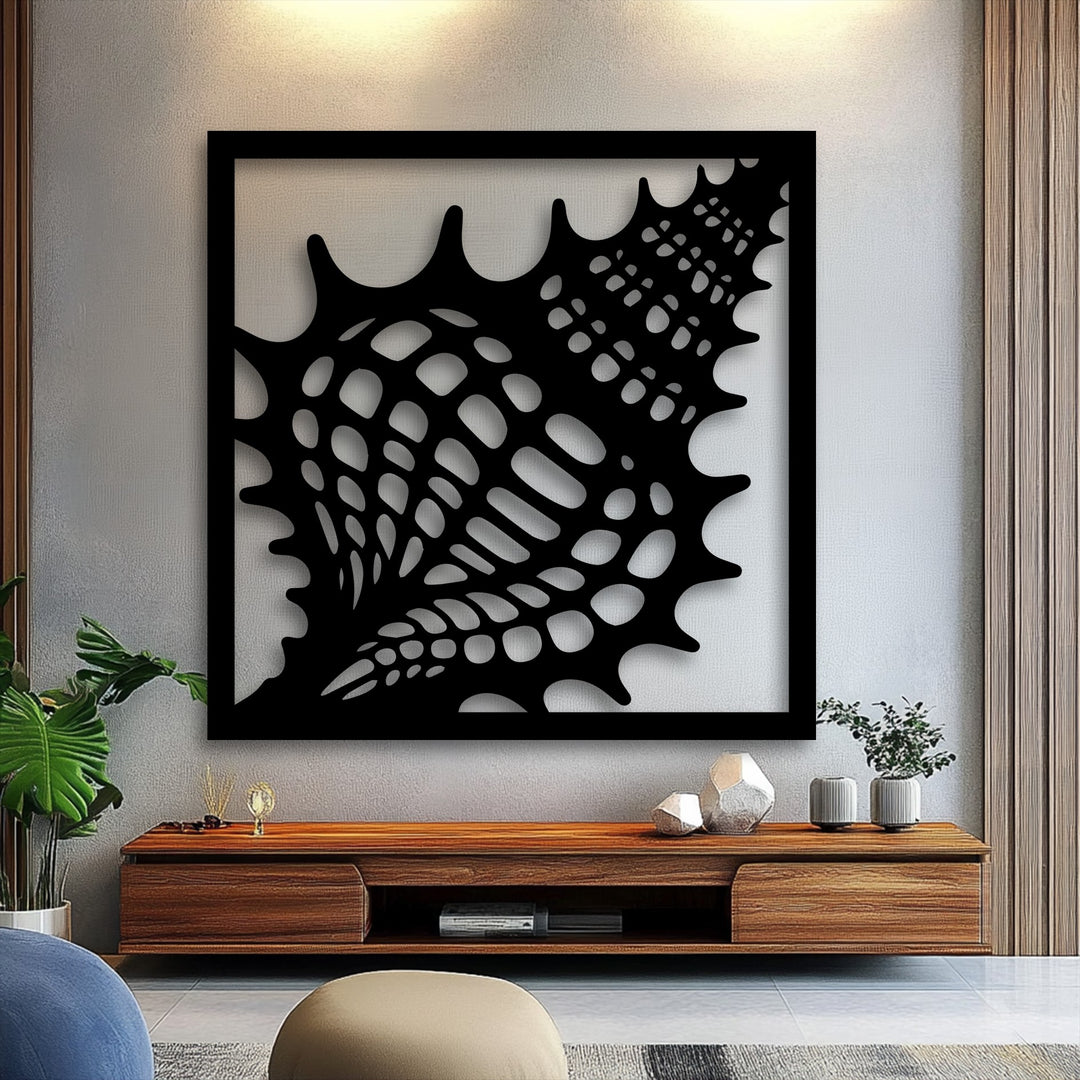 Dominantly black decoration wall art showcasing an intricate abstract seashell frame on a light, textured background.