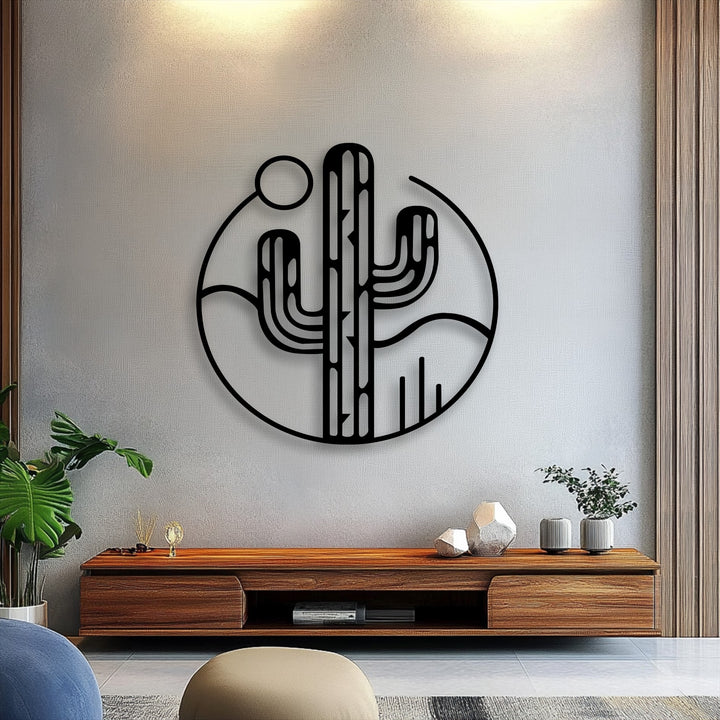 The fluid, artistic strokes of this minimal desert cactus metal artwork beautifully capture the subtle, inherent motion of the landscape.